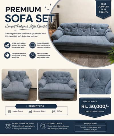 “Beautiful Blue 3-Seater Sofa Set – Good Condition