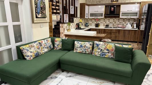 L shaped sofa dark green texture