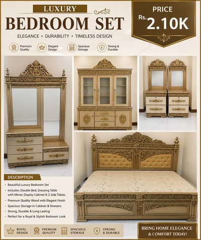 Luxury Bedroom Set – Double Bed, Dressing Table, Cabinet & Side Tables