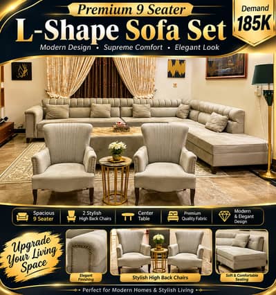Premium 9 Seater L - Shape Sofa Set + 2 Bedroom Chairs - Modern Design
