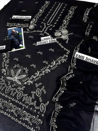 Black Embroidered Lawn Suit 3pcs Women with Gold Work