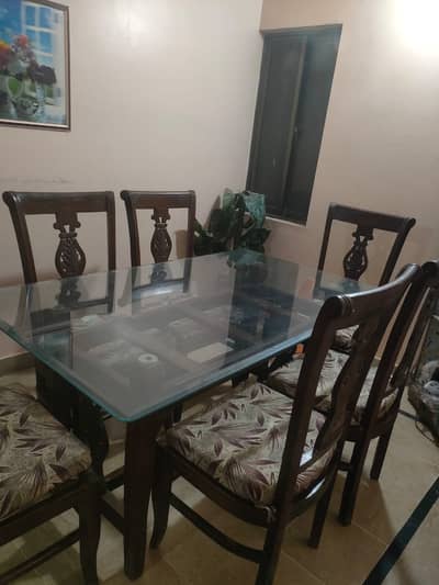 6 Seater Dining Table Set with 6 Chairs | Glass Top Wooden Dining Tabl