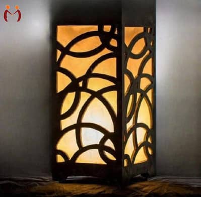 modern wooden lamp with golden glow
