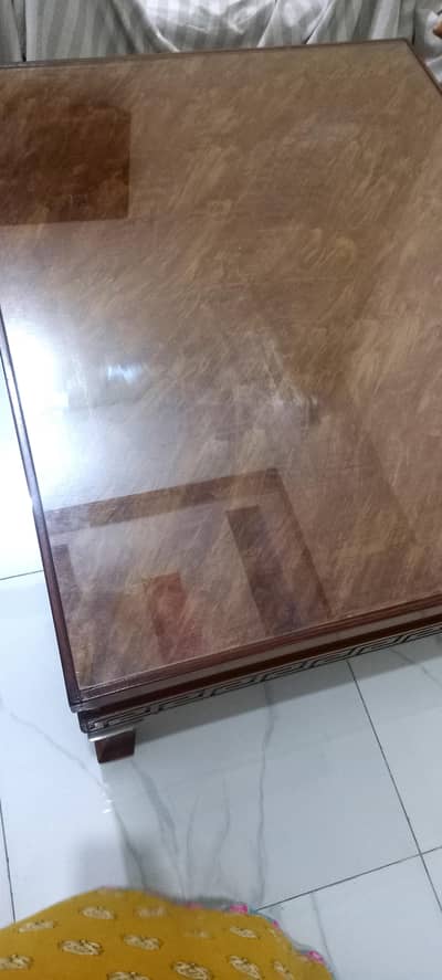 Drawing room table, 41 by 33 inch, wood table with polish and mirror