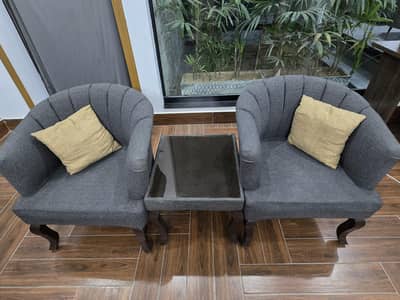 Modern Charcoal Grey 2-Chair & Glass-Top Table Set (With Cushions)