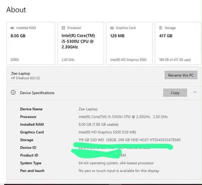 HP elite Book 820 G2 Core i5 VPro 5th Gen 8gb/418gb