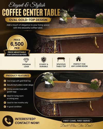 Elegant Oval Gold Top Coffee Center Table | Excellent Condition