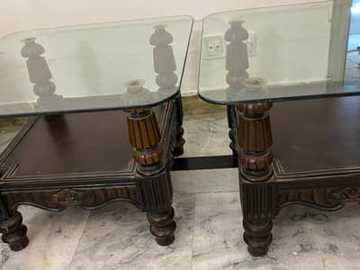 Set of 2 wooden glass top tables