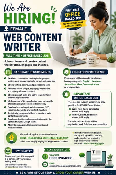 Female Web Content Writer Required