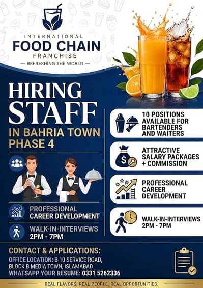 HIRING BARTENDERS AND WAITERS IN BAHRIA TOWN PHASE 4