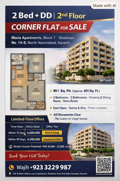 2 Bed + DD 2nd Floor  "Corner Flat For Sale” shadman town 14B