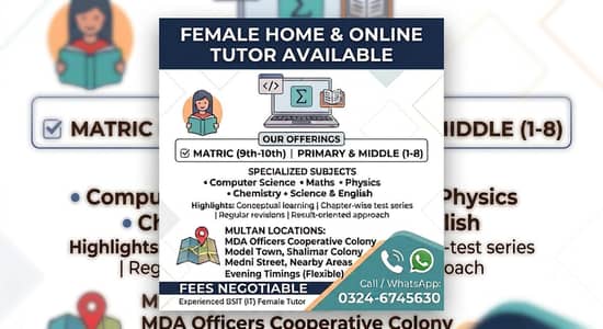 Experienced female home & online tutor BSIT (Students)