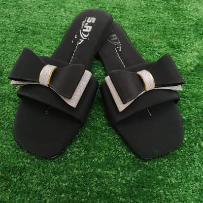 Women's Black Rexine Bow Slides Casual Formal Wear