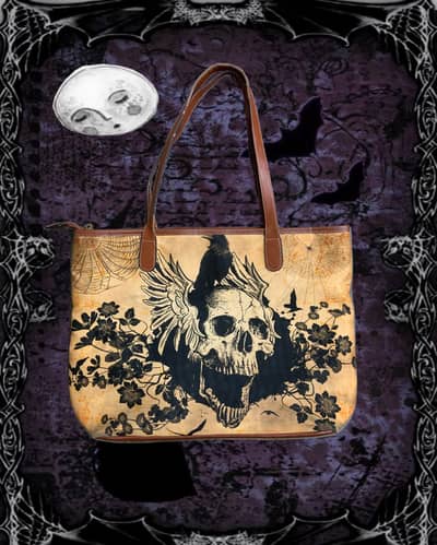 ˚₊‧⁺⋆ Vintage Grunge Printed Leather Skull & Raven Shoulder Bag ⋆˚⋆