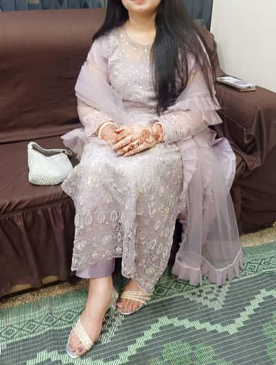 lilac net cutdana long shirt 3piece party wear available