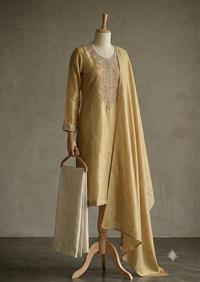 Gold Lama tissue dress with Mesuri white gold trouser,matching dupatta