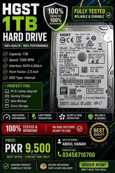 HGST 1TB SATA Internal Hard Drive | 100% Health