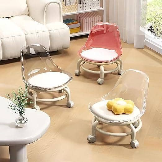 Acrylic 360° Rotatable Transparent Chair (Small) Mini Space Design High Resilience Durable Backrest Smart Wheels Ideal for Adults & Kids