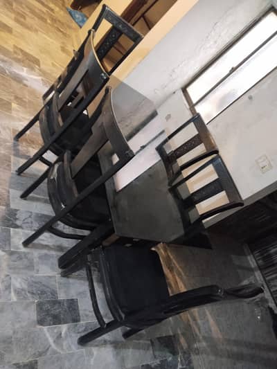 6 Seater Dining Table Set with Glass Top & Wooden Chairs