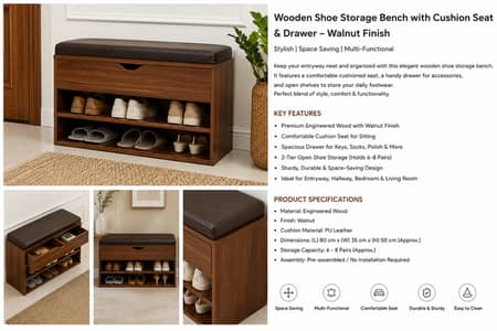 Wooden Shoe Storage Bench with Cushion Seat & Drawer | Space Saving E
