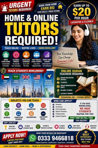 Home and Online tutors required