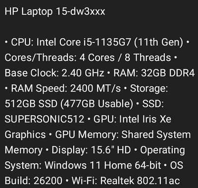 HP 15 11th Gen Core i5 | 32GB RAM | 512GB SSD | Iris Xe