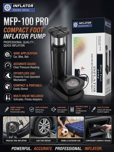 MFP-100 PRO Compact Foot Inflator Pump With Pressure Gauge And Multi-V