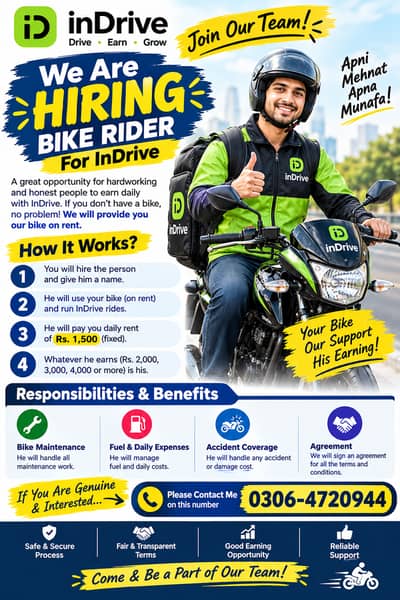  BIKE RIDER REQUIRED FOR INDRIVE – BIKE ON RENT | DAILY EARNING OPP