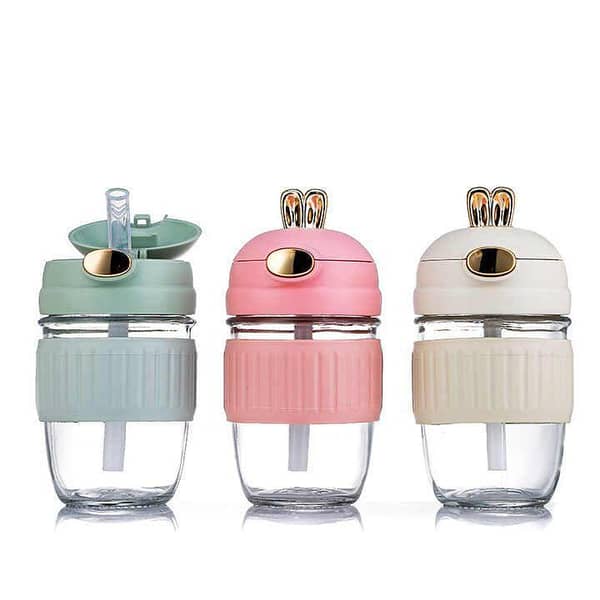 Lovely Cartoon Rabbit 350ml Water Cup High Quality Portable Glass Cup Cartoon Simple Large Capacity Water Bottle With Straw Cute Rabbit Ear Glass Water Bottles With Straw For Girls Kids Portable Strap Student Bottle With Cup Cover