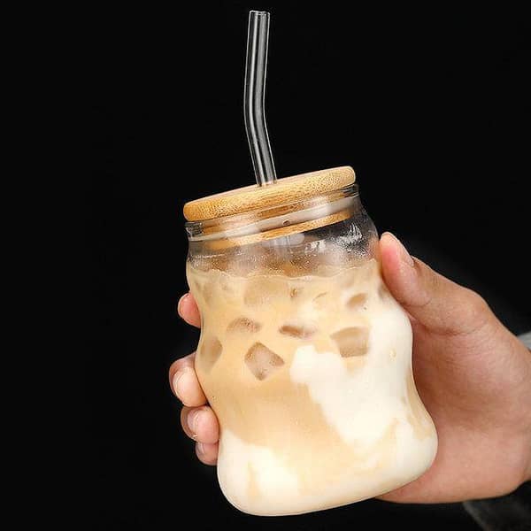 Ribbed & Round Glass Sipper with Glass Straw, Tumbler Can Lid Ribbed Square Glass Mug with Straw, Mason Jars With Cover, Mug for Fruit Juice Milk & Coffee Mug.