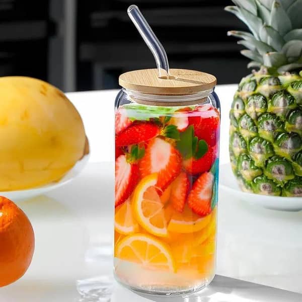 Round shape Glass with glass straw and wooden lid, coffee glass, milk glass, juice glass -Imported high quality - cups for tea - tea cup - coffee mug - kitchen accessories