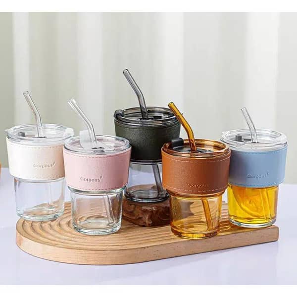 Glass Tumbler | Coffee Glass | Mug Cups with Straw, Lid & Leather Sleeve, Leather Sleeve With Protective Leather Sleeve, Reusable Glass Coffee Tumbler