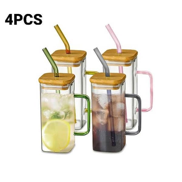 Square Glass Mug 400ml With Lid and Straw Breakfast Milk Cup Microwave Safe Transparent Coffee Mug Drinkware Glass