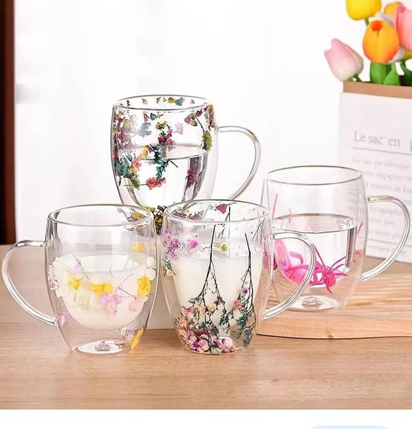 Glass Drink Mug with Handle,Double Wall Heat Resistant Tea Cups, Coffee Mugs