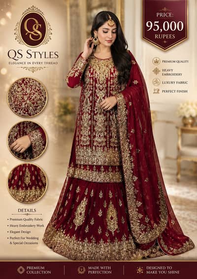 Luxury Maroon Bridal Dress Heavy Embroidery | Wedding Lehenga Suit | B