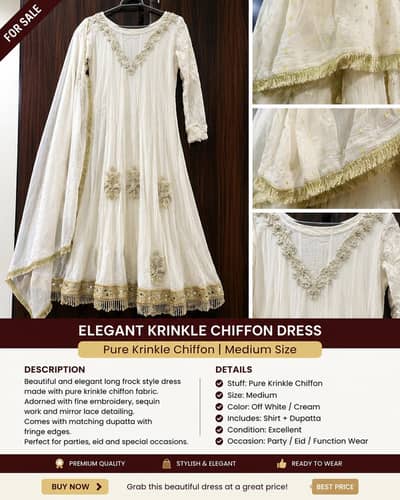 Elegant White & Golden Embroidered Chiffon Dress | Medium Size