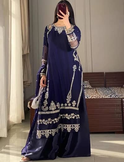 Navy Blue embroided 3-Piece dress