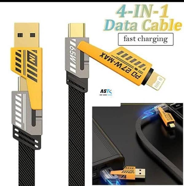 High-speed 4-in-1 charging cable with multiple connector support including Type-C, Micro USB, and Lightning. Durable braided design with fast charging support for C Type devices.
