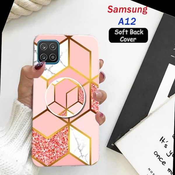 Samsung A12 Soft Silicone Back Cover with Marble Pattern and Pop Socket