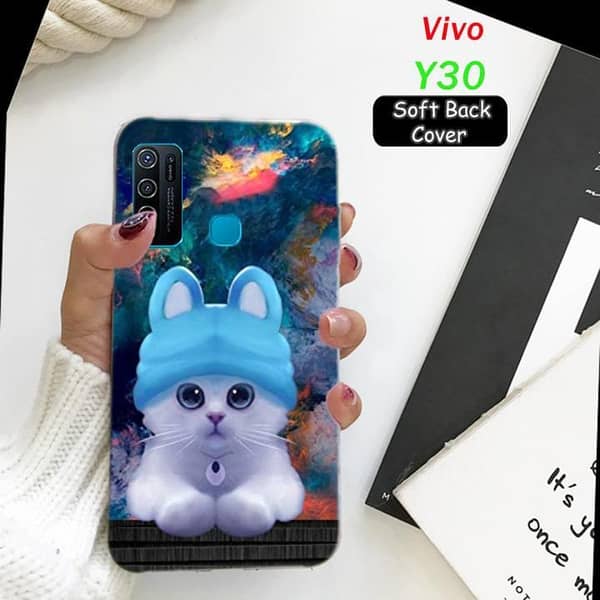 Vivo Y30 Back Cover - Soft Silicone Case with Cat Print