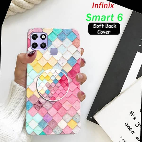 Infinix Smart 6 Back Cover — Soft Silicone Case with Square Art and Pop Socket (2Gud Design)