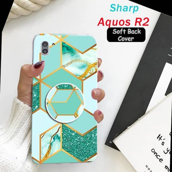 Sharp Aquos R2 Back Cover with Marble Design and Pop Socket—Soft Silicone Case