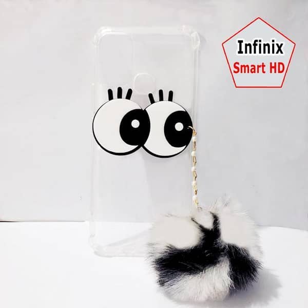 Infinix Smart HD Back Cover with Soft Silicone Case, Ladies Fancy Design, Fluffy Wool Pom Pom Eyes