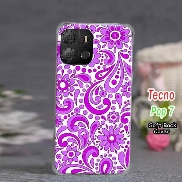 Tecno Pop 7 Back Cover - Purple Floral Design, Soft Silicone
