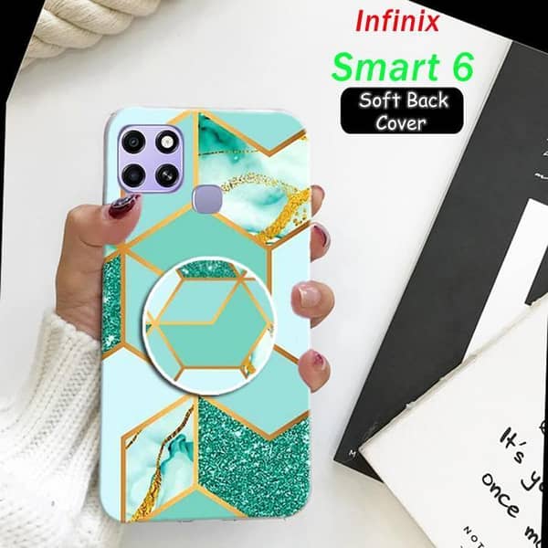Infinix Smart 6 Back Cover: Marble Pattern with Pop Socket by 2Gud Design (Soft Silicone)