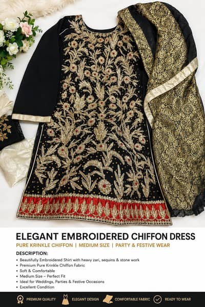 Luxury Black & Gold Embroidered Chiffon Dress – Medium Size
