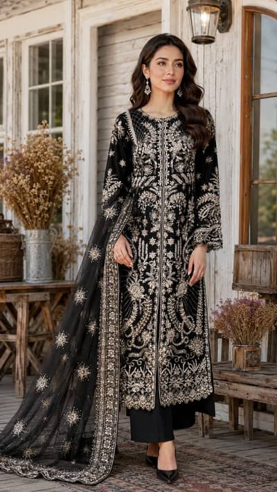 Black Heavy Embroidered Net/Velvet Party Wear Suit 3-Piece