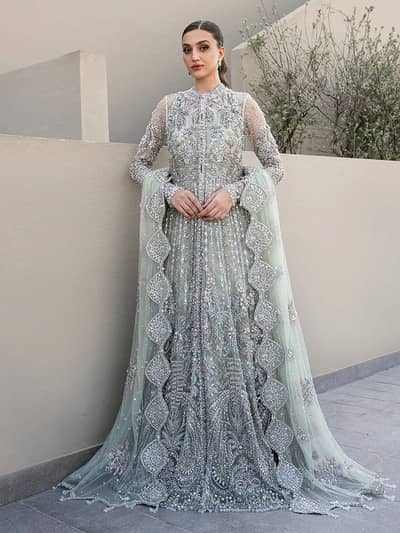 Mint Green Heavy Embroidered Bridal / Wedding Max/Pishwas Suit