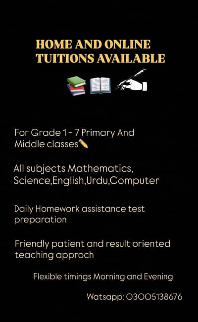 Home And Online Tuition Available For Grade 1-7