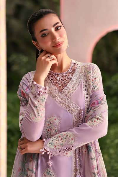 Lilac Floral Printed & Embroidered Festive Suit 3-Piece